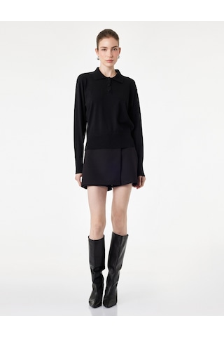 Koton Regular Fit Uzun Kollu Yarım Düğmeli Polo Yaka Triko Kazak Siyah 7wak90281ht