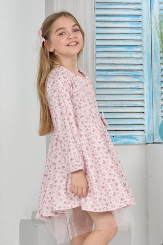 Kız Çocuk Kloş Elbise Çiçek Desenli Ve Etek Ucu Tüllü 12178 Pembe