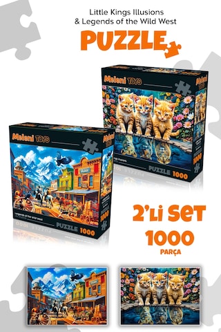 2 Adet 1000 Parça Puzzle - Aslan Kral Kedi Ve Vahşi Batı Kasabası Yapboz 68x48 Cm