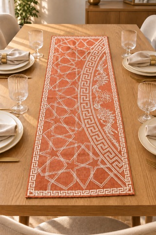Nakışlı Geometrik Desenli Dekoratif Runner Masa Örtüsü 45x120 Cm Turuncu