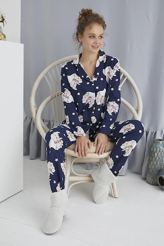 Waynap Kadın Düğmeli Desenli Pijama Takımı Boydan Düğmeli Takım- 1001 Lacivert