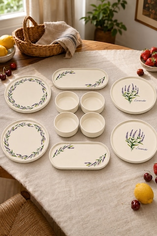 Lavanta 10 Parça 4 Kişilik Handmade Stackable Seramik Tabak Seti Premium Sunum & Kahvaltı Takımı Beyaz