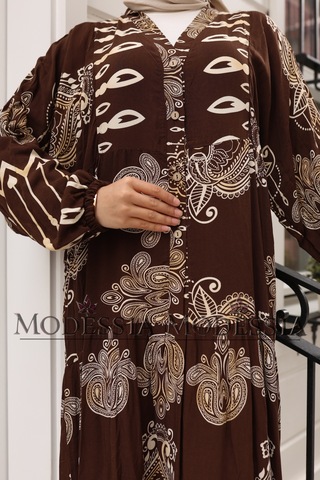 Kadın Kahve %100 Viskon Pamuklu V Yaka Alaçatı Model Kat Kat Elbise V6532 Kahve