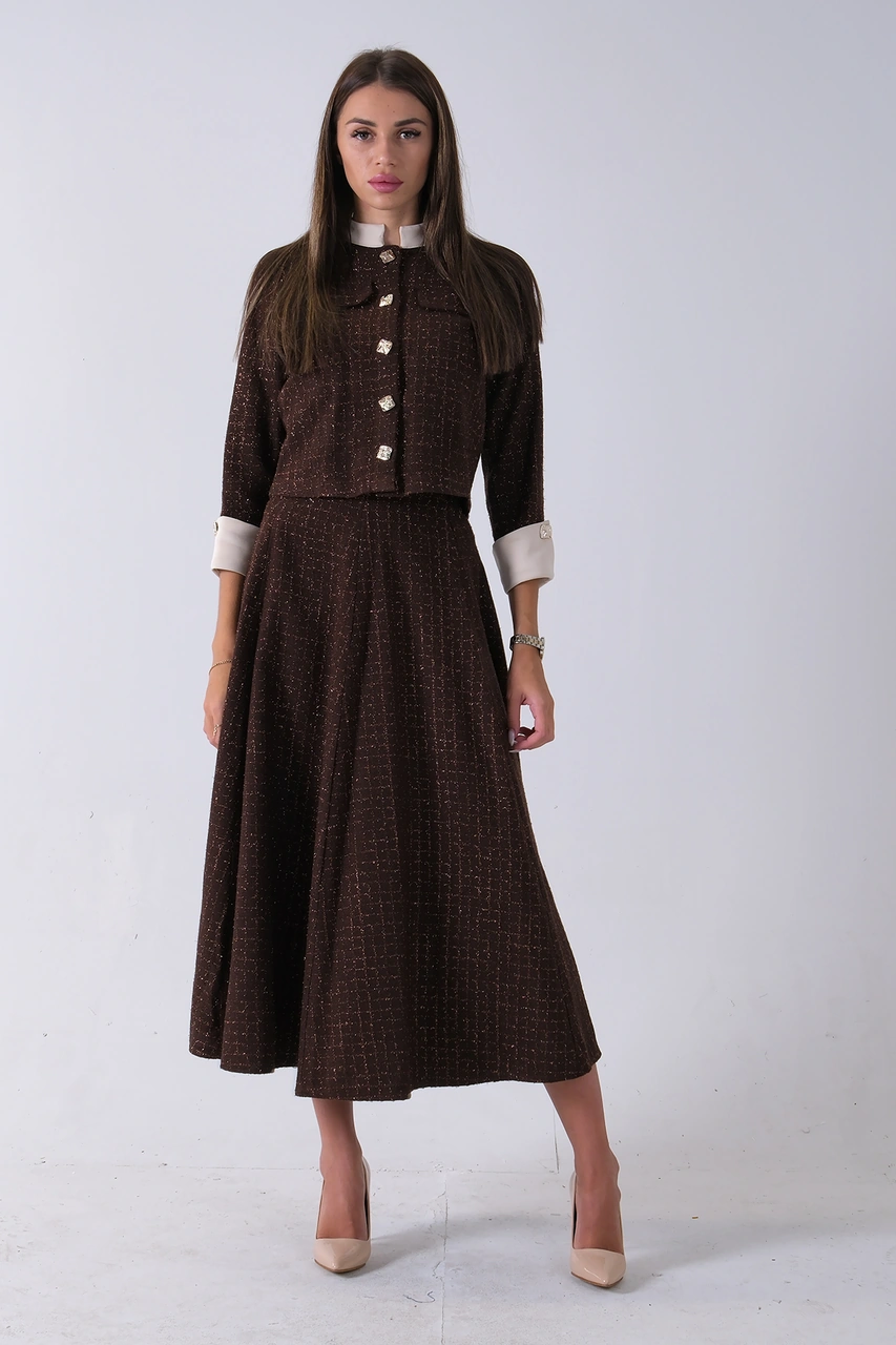 Feminist Kahve Önü Düğme Kapamalı Crop Ceket Etekli Tüvid Takım 45950601.05 Kahve