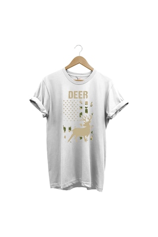 Avcılık Hunter Geyik Avcılığı Deer Hunt Baskılı Kamuflaj Desenli Regular Fit Beyaz T-shirt Beyaz