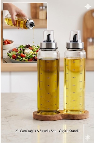 Ahşap Standlı Cam Yağdanlık Seti Damlatmaz Kapak 500 Ml 2 Li Set Şeffaf