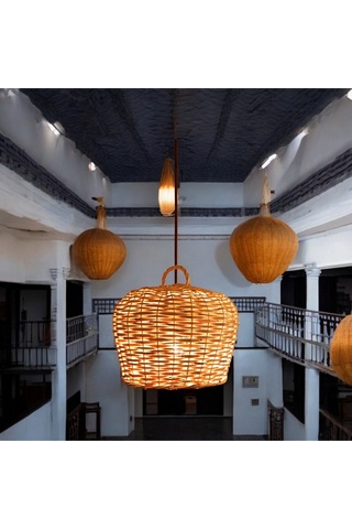 Hasır Yuvarlak Avize El Yapımı 25 Cm Sarı Bej - Sarı