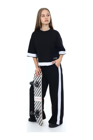 Kız Çocuk %100 Pamuk Oversize Yarım Kol Alt-üst Eşofman Takım-eşt-0013 Siyah