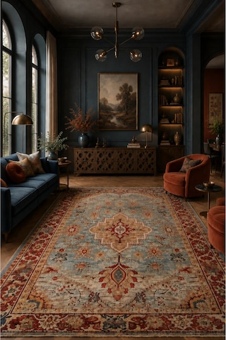 Salon Halısı Mavi Kırmızı Osmanlı Desenli Kaymaz Taban Th-3032 Kırmızı - Mavi