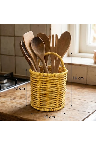 Yuvarlak Hasır Dokulu Plastik Rattan Kaşıklık & Amp Çatallık Askılı Kendiliğinden Tutmalı Çok Amaçlı Mutfak Organizeri 4741 Ahşap