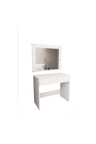 Dekorfim Df02108B Led Işıklı Aynalı Holywood Makyaj Masası, Bölmeli Çekmeceli Organizer Kozmetik Masası Beyaz