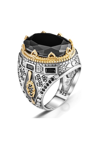 925 Ayar Gümüş Siyah Zirkon Taşlı Mineli Erkek Yüzük Gümüş