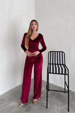 Kadın V-yaka Büzgü Detaylı Kadife Tulum Dpnbk2197 Mor