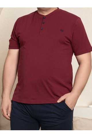 Erkek Geniş Kalıp %100 Pamuk Kısa Kol Cepli Büyük Beden Pijama Takımı Bordo