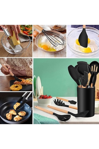 12 Parça Ahşap Saplı Siyah Silikon Mutfak Seti - Mikrodalga, Fırın, Bulaşık Makinesi Uyumlu Siyah
