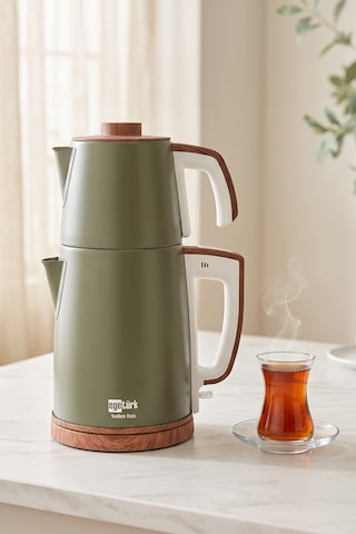 Egetürk TeaDem Style Ahşap Görünümlü Çay Makinesi Çaycı 2000W 1.7L Kettle 1.2L Demlik 304 Çelik Gövde Neft Yeşili