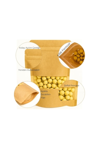 Kraft Pencereli Doypack Kilitli Stand Up Pouch, Gıda Uyumlu, Yeniden Kapanabilir Zipli 100, 11x18,5 Kahverengi
