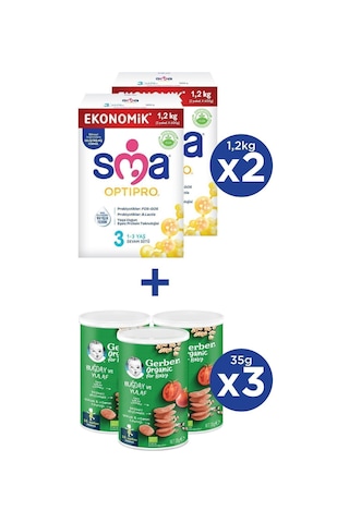 Sma Optipro 3 Devam Sütü 1200 G 2 Adet + Gerber Organik Buğday ve Yulaflı Atıştırmalık 35 G 3 Adet