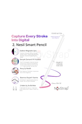 Novstrap  İpad Pro 12.9 2/3/4/5/6 Nesil İle Uyumlu Dokunmatik Tablet Kalemi 2. Nesil Smart Pencil Stylus Manyetik Şarj Avuç İçi Reddi