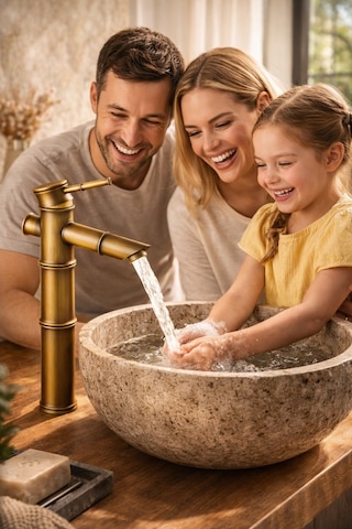 Viosa Eskitme Bambu Çanak Lavabo Bataryası Çanak Lavabo Uyumlu Antik Gold Pirinç Musluk Siyah