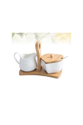 Seramik Şeker Kasesi Ve Krem Sürahisi Bambu Tepsisi Ve Kaşıkla Set Ev Otel Şeker Ve Krema Seti Şeker Ve Amp Krema Tencere 4 Izgara