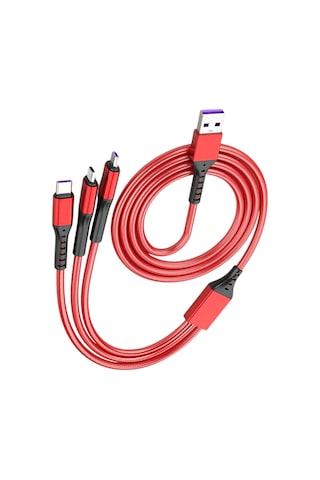Hasır, 3 İn 1, Şarj Kablosu, Lightning & Micro Usb, Type-c, Ios, - Kırmızı