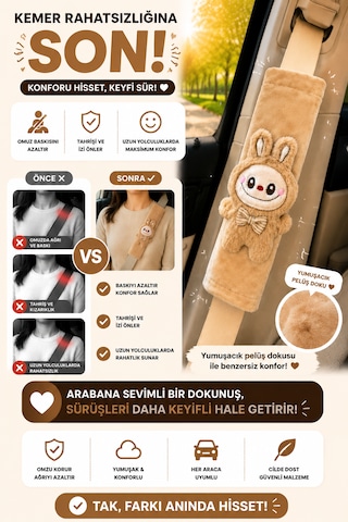 Labubu Bej Emniyet Kemeri Aksesuarı - Emniyet Kemeri Kılıfı-araç Emniyet Kemeri Omuz Koruyucu 1 Adet