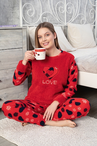 Mtn Kalp Desenli Polar Kadın Pijama Takımı Kırmızı