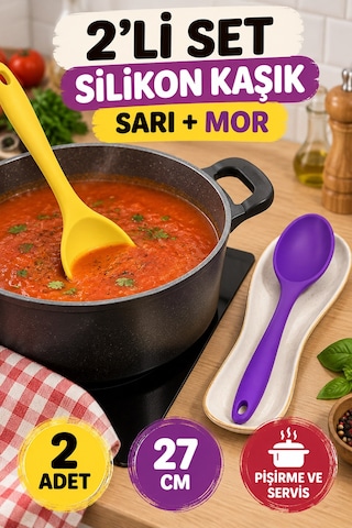 2'li Set Sarı Mor Büyük Boy Silikon Kaşık 27 Cm Mutfak Yemek Pişirme Ve Servis Kaşığı İki Renkli Set