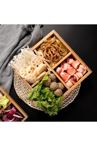 Sones Sıcak Tencere Bambu Tabak Bölmeli Tepsi Sebze Ahşap Tepsi Seti Altı Izgara Plaka