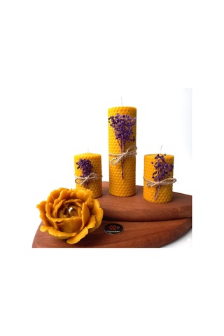 Petekoğlu Balmumu Mum Dekoratif Hediye Kutusu 4 Lü Set Doğal Petek Beeswax Candle Açmış Gül Mor Süslenmiş Açm Çok Renkli