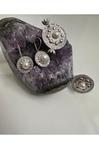 İnci Ve Zirkon Taşlı Gümüş Set Takım 925 Ayar 23,48 Gram