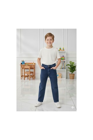 Erdem Kıds Erkek Çocuk Pamuklu Beli Lastikli Baggy Jean Pantolon Rahat Kalıp Geniş Bol Paça Kot Pantolon Koyu Mavi Koyu Mavi