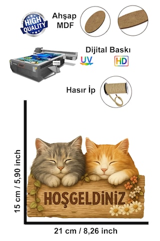 Kapı Süsü Ahşap "hoşgeldiniz" Yazılı Retro - Sevimli Kediler