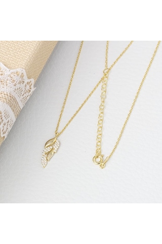 Nagiss Yaprak Model Zirkon Taşlı 925 Ayar Gümüş Gold Rengi Kadın Kolye Gold