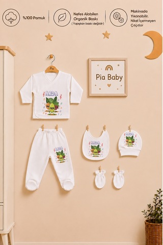 Pia Baby İsimli Erkek Bebek Zıbın Seti 5 Parça %100 Pamuk Kişiye Özel Organik Baskı 2010zyx Krem