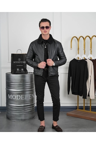 Modefendi Orta Slim Fit İçi Elyaf Yaka Kürk Detaylı İthal Deri Yan Cep Deri Mont Siyah