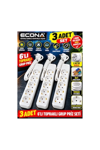 3 Adet--6'lı Topraklı Grup Priz 2 Metre Kablolu - Çoklu Uzatmalı Priz Seti 3x1 Mm² Yumuşak Ttr Kablo Beyaz Uzatma Kablosu,çoklu Priz 0