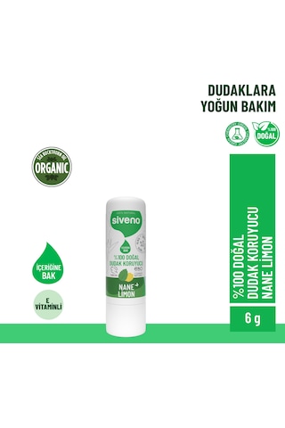 Siveno %100 Doğal Dudak Koruyucu Nane & Limon Bitkisel Lip Balm Krem Nemlendirici Parlatıcı Onarıcı 6 G