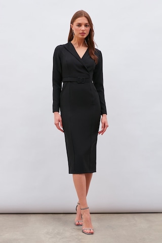 Sateen Kemerli Kalem Elbise - Siyah