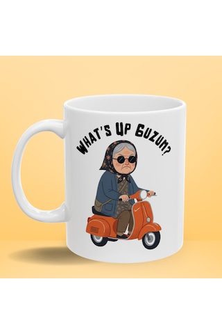 "what's Up Guzum " Yazılı Porselen Kupa Bardak 330 Ml - Motorlu Teyze Baskılı Esprili Ofis Ve Arkadaşa Hediyelik Kupa Çok Renkli