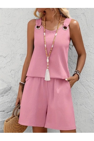 Sensuelle Kadın Askılı Yuvarlak Yaka Kuş Gözü Detaylı Bürümcük Bluz Ve Short Ikili Takım Pembe