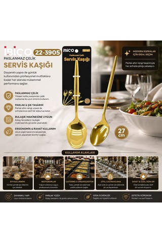 İbico İ22-447 27cm Gold Altın Metal Servis Kaşık - 12'li Paket Diğer
