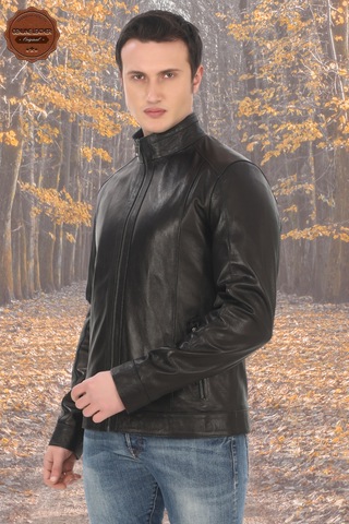 Ersefa Erkek Hakiki Kuzu Derisi Mont Slim Fit Siyah Biker Ceket Fermuarl