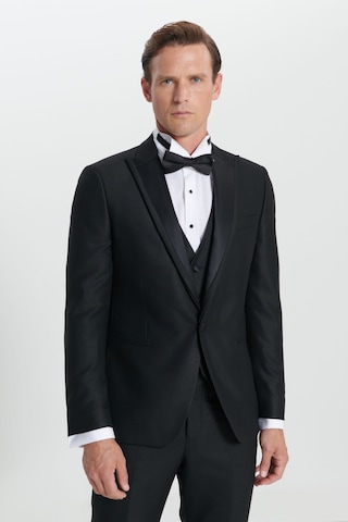 Ac&Co / Altınyıldız Classics Erkek Sıyah Slim Fit Dar Kesim Kırlangıç Yaka Desenli Yelekli Smokin Takım Sıyah Siyah