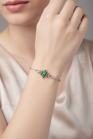 Çekirdekjewelry 925 Ayar Gümüş Zümrüt Taşlı Lotus Bileklik Pembe