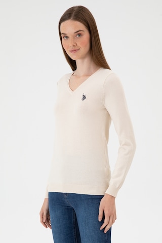 U.S. Polo Assn. Kadın Krem Melanj V Yaka Basic Kazak 50313590-VR159