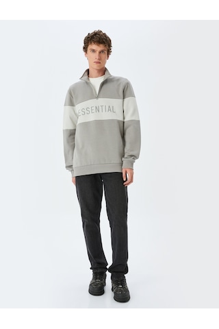 Koton Renk Bloklu Yarım Fermuarlı Pamuklu Slogan Baskılı Sweatshirt Gri 5sam70009mk Gri
