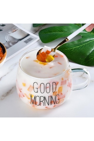 Leylart 2 Li Good Morning Günaydın 400 Ml Borosilikat Cam Kupa Beyaz