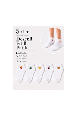 Worthy Socks 5'li Kadın Renkli Eğlenceli Beyaz Patik Çorap Seti